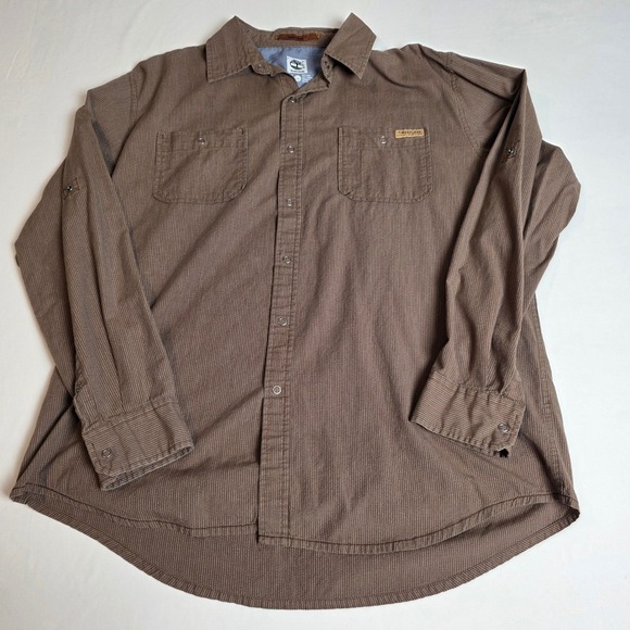 Timberland Other - Timberland Button Down Mens Large Brown Micro Stripe Roll Tab Sleeve Snap Shirt